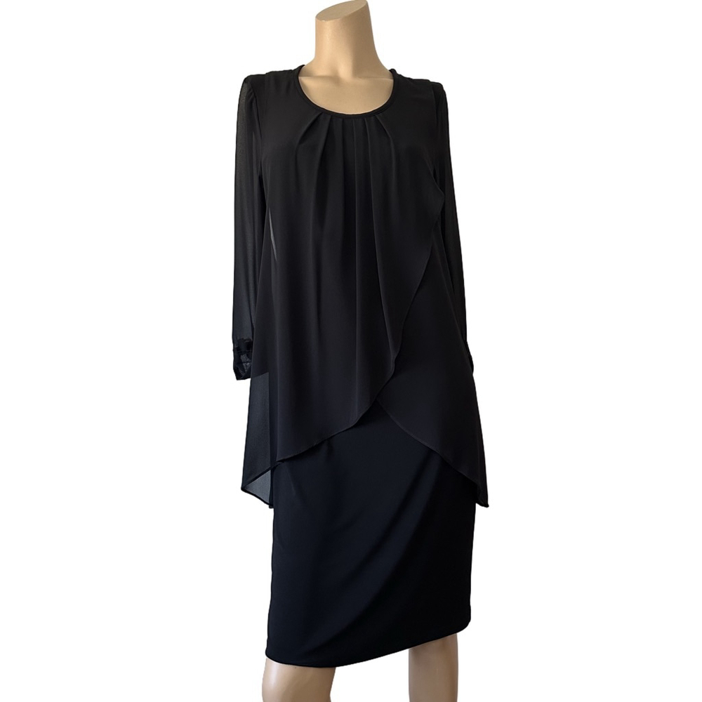 Joseph Ribkoff Layered Chiffon Black Sheath Midi Dress 3/4 Sleeve Round Neck 8